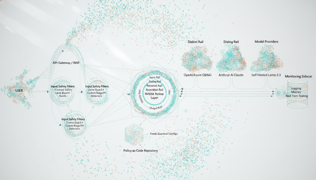Architecture diagram of a production LLM app with layered AI guardrails: user -> API gateway/WAF -> input safety filters -> NeMo Guardrails orchestration -> multiple LLM providers plus monitoring and policy-as-code.