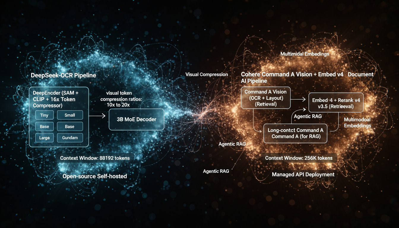 Architecture diagram comparing DeepSeek-OCR visual compression pipeline with Cohere document AI stack using Command A Vision, Embed v4, Rerank v3.5, and Command A for long-context RAG.