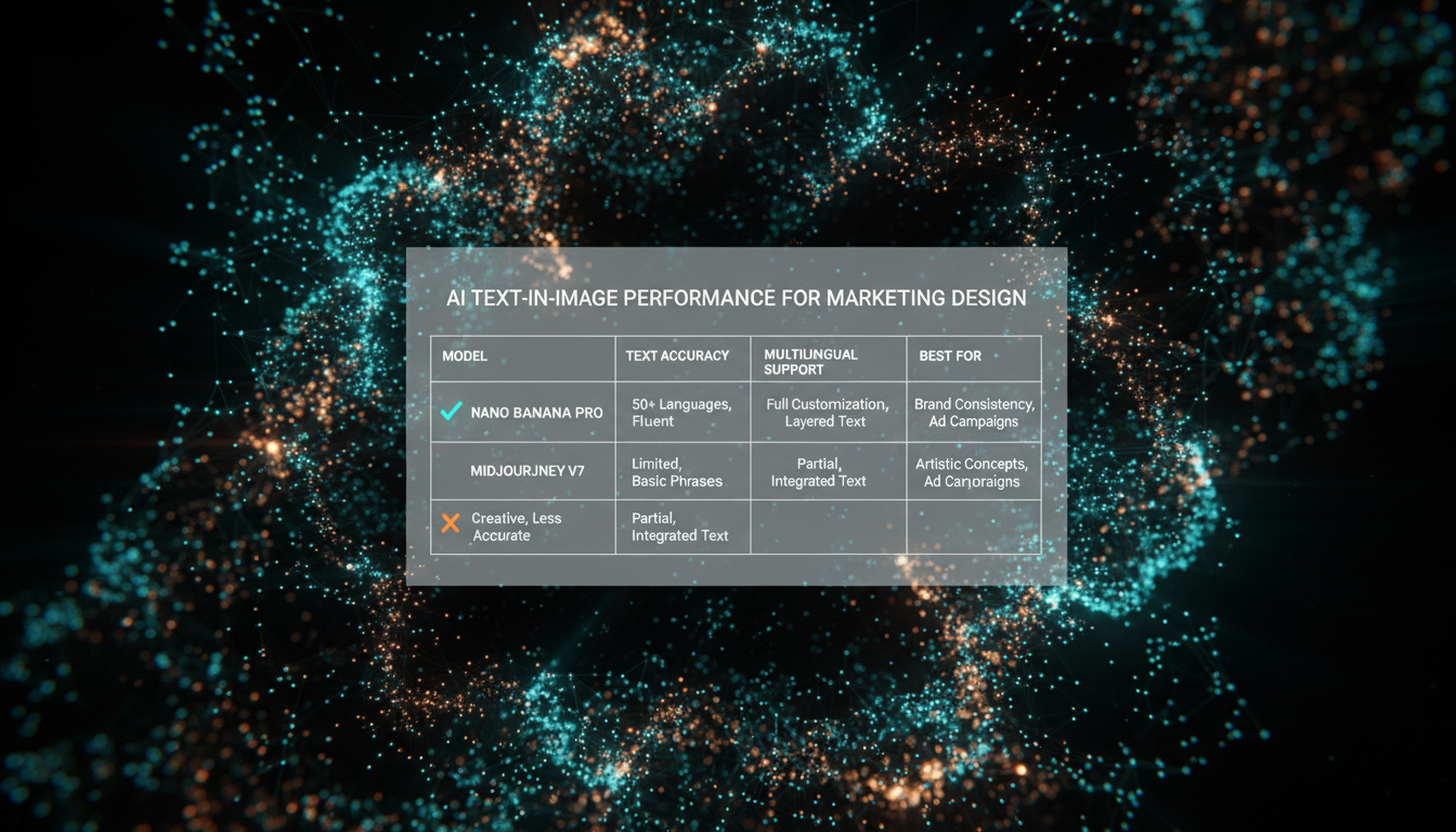 Comparison matrix infographic of Nano Banana Pro vs Midjourney V7 on text-in-image features for marketing design, highlighting Nano Banana Pro's superiority in text accuracy and multilingual support.