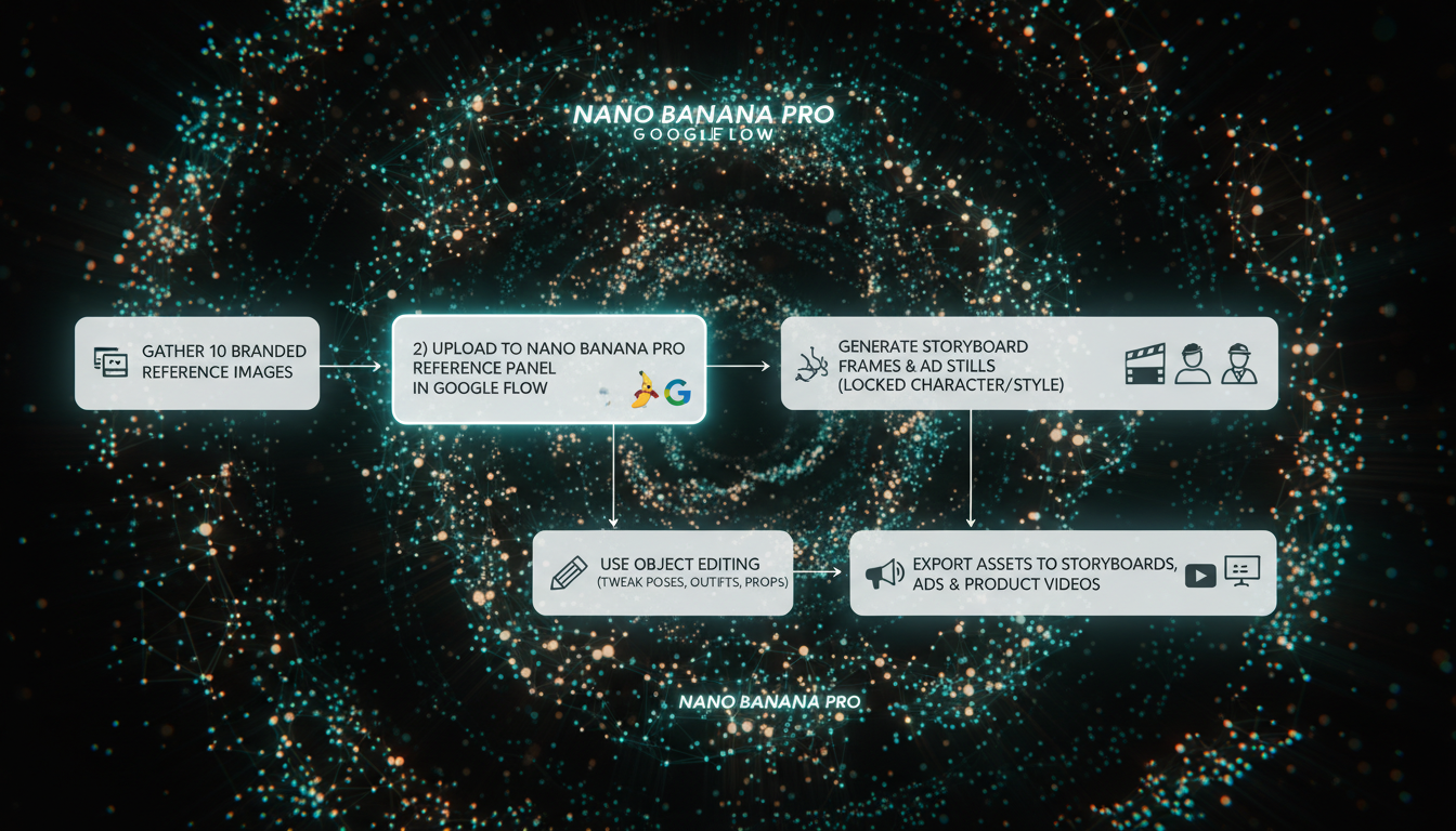 Workflow diagram showing reference images feeding into Nano Banana Pro in Google Flow to generate consistent storyboard frames, ad stills, and product videos with object-level editing.