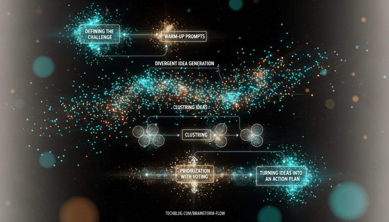 Flowchart of a team brainstorming workflow using ChatGPT group chat, from defining the challenge through ideation, clustering, prioritization, and action planning