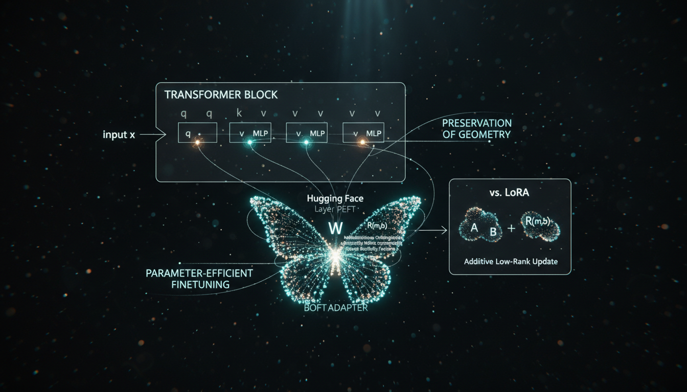 Diagram showing a transformer layer where BOFT applies an orthogonal butterfly matrix R(m,b) multiplicatively to linear weights (q,k,v,mlp), contrasted with LoRA's additive low-rank update BA, all wrapped via Hugging Face PEFT.