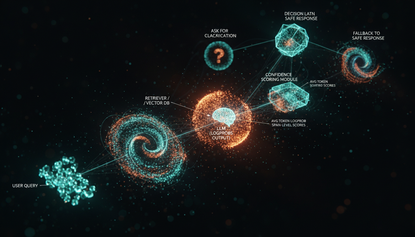 Architecture diagram showing a RAG system with user query, retriever and vector database, LLM with logprobs output, a confidence scoring module that computes sequence and span-level scores, and a decision layer that either returns the answer, asks for clarification, or falls back to a safe response.