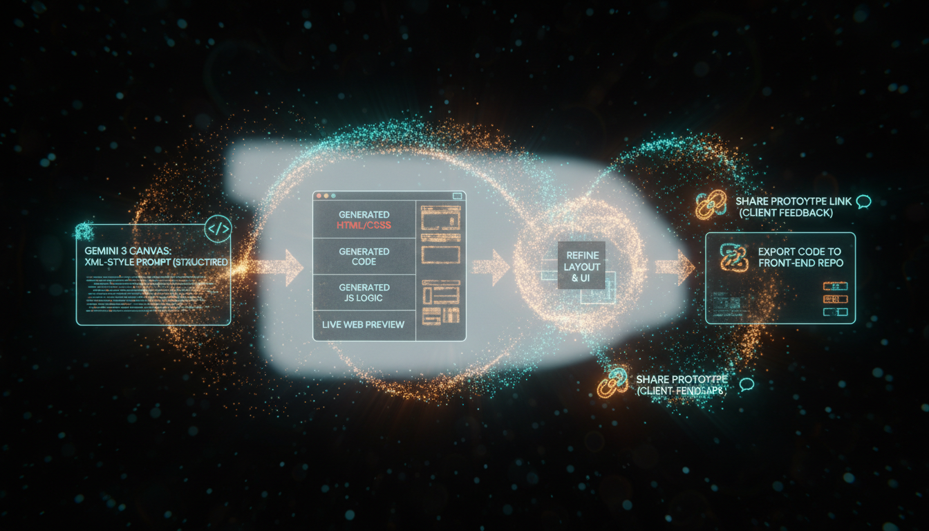 Workflow diagram showing designer writing an XML-style prompt in Gemini 3 Canvas, Gemini generating HTML/CSS/JS and a live preview, then sharing the prototype link and exporting code to a repo
