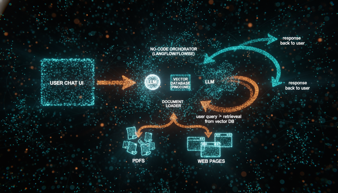 High-level diagram of a no-code RAG chatbot showing user chat UI, a visual orchestrator like Langflow with nodes for LLM, vector database, and document loader, and content sources such as PDFs and web pages, connected with arrows illustrating the retrieval-augmented generation flow