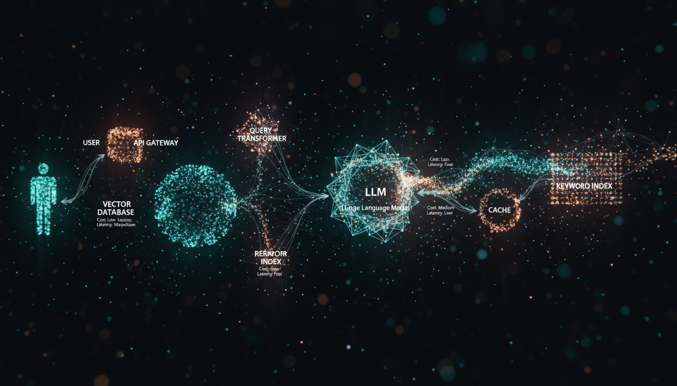 Diagram of a complex RAG architecture showing components like query transformers, re-rankers, and caches, with cost and latency annotations.