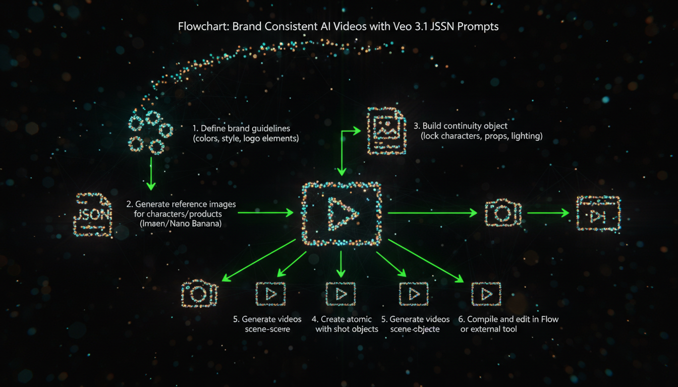 Flowchart of Veo 3.1 JSON workflow for AI video brand consistency: define guidelines, generate refs, build continuity, atomic scenes, generate and compile