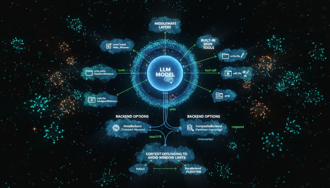 Diagram of LangChain Deep Agent architecture showing LLM, middleware (TodoList, Filesystem, SubAgent), tools, backends for transient and persistent memory, with data flow for context offloading