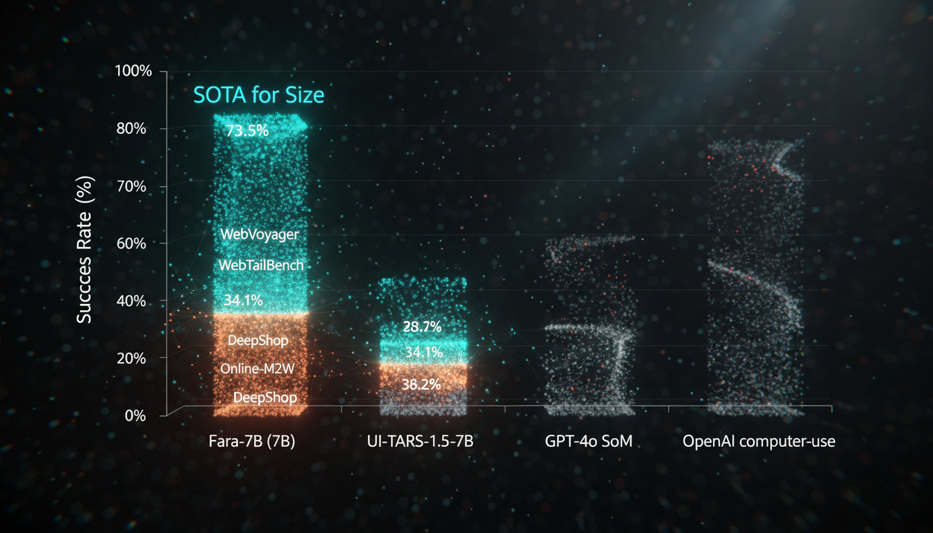 Bar chart comparing Fara-7B SOTA performance vs UI-TARS, GPT-4o, OpenAI on key web agent benchmarks