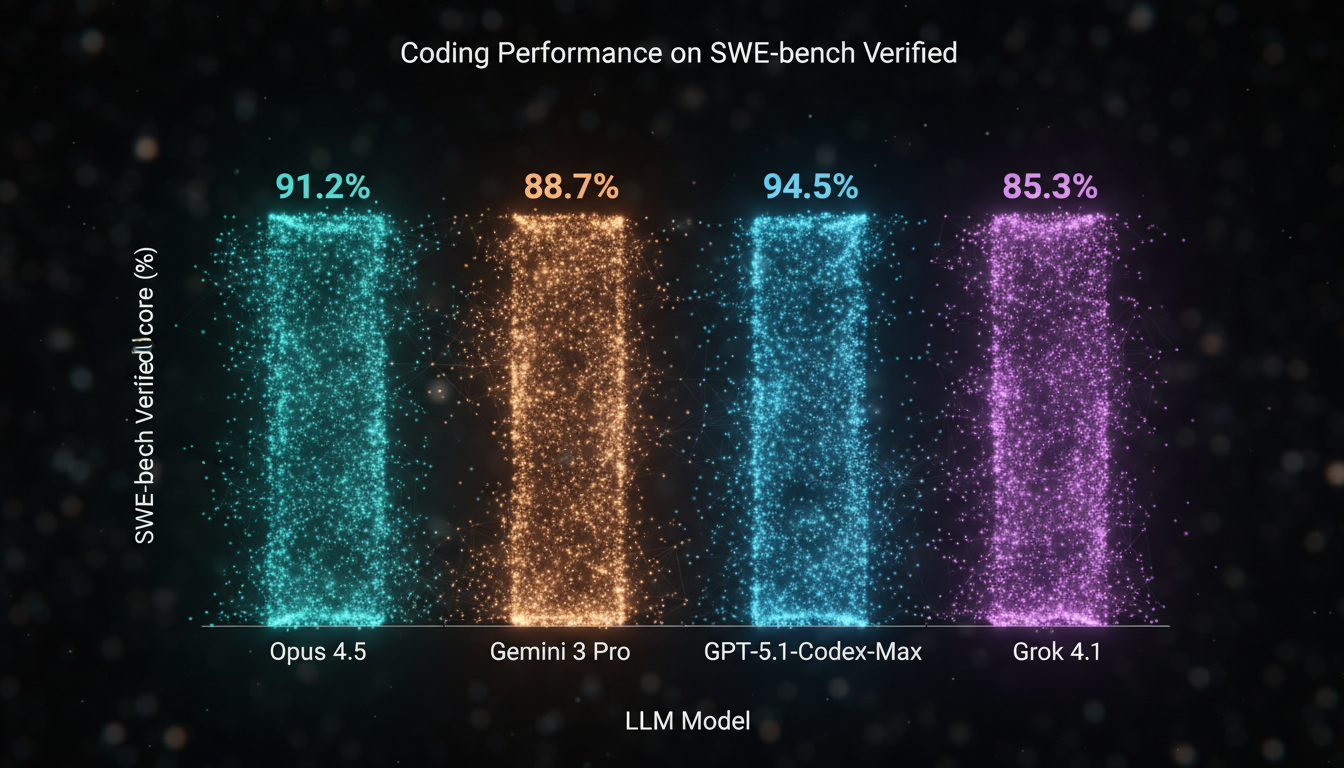 Bar chart comparing SWE-bench Verified scores for Opus 4.5, Gemini 3 Pro, GPT-5.1-Codex-Max, and Grok 4.1 in late 2025.