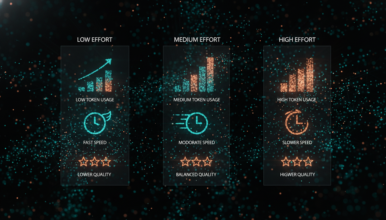 Infographic comparing the low, medium, and high effort parameter settings for Claude Opus 4.5, showing the trade-offs in token usage, speed, and quality.