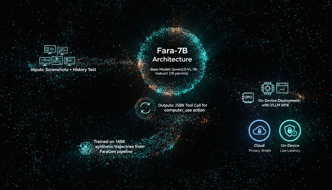 Fara-7B architecture diagram: Qwen2.5-VL-7B base model processing screenshots and text history to output tool calls for on-device web actions, emphasizing privacy and low latency