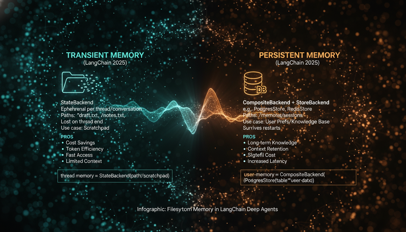 Infographic comparing transient (StateBackend) vs persistent (CompositeBackend + StoreBackend) filesystem memory in Deep Agents, with pros/cons and code examples