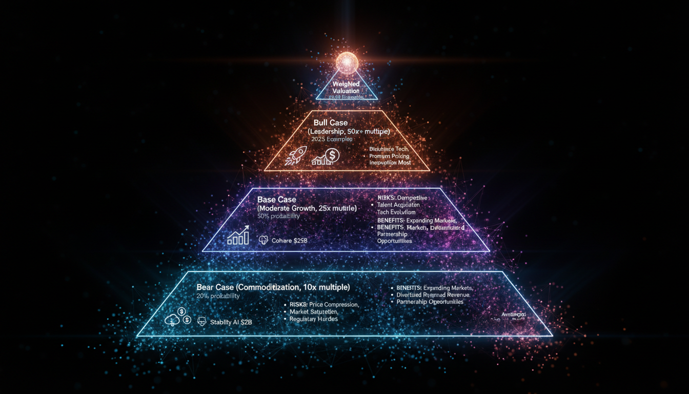 Pyramid diagram for AI scenario planning with bear/base/bull cases, probabilities, and weighted valuation for risk-adjusted assessment