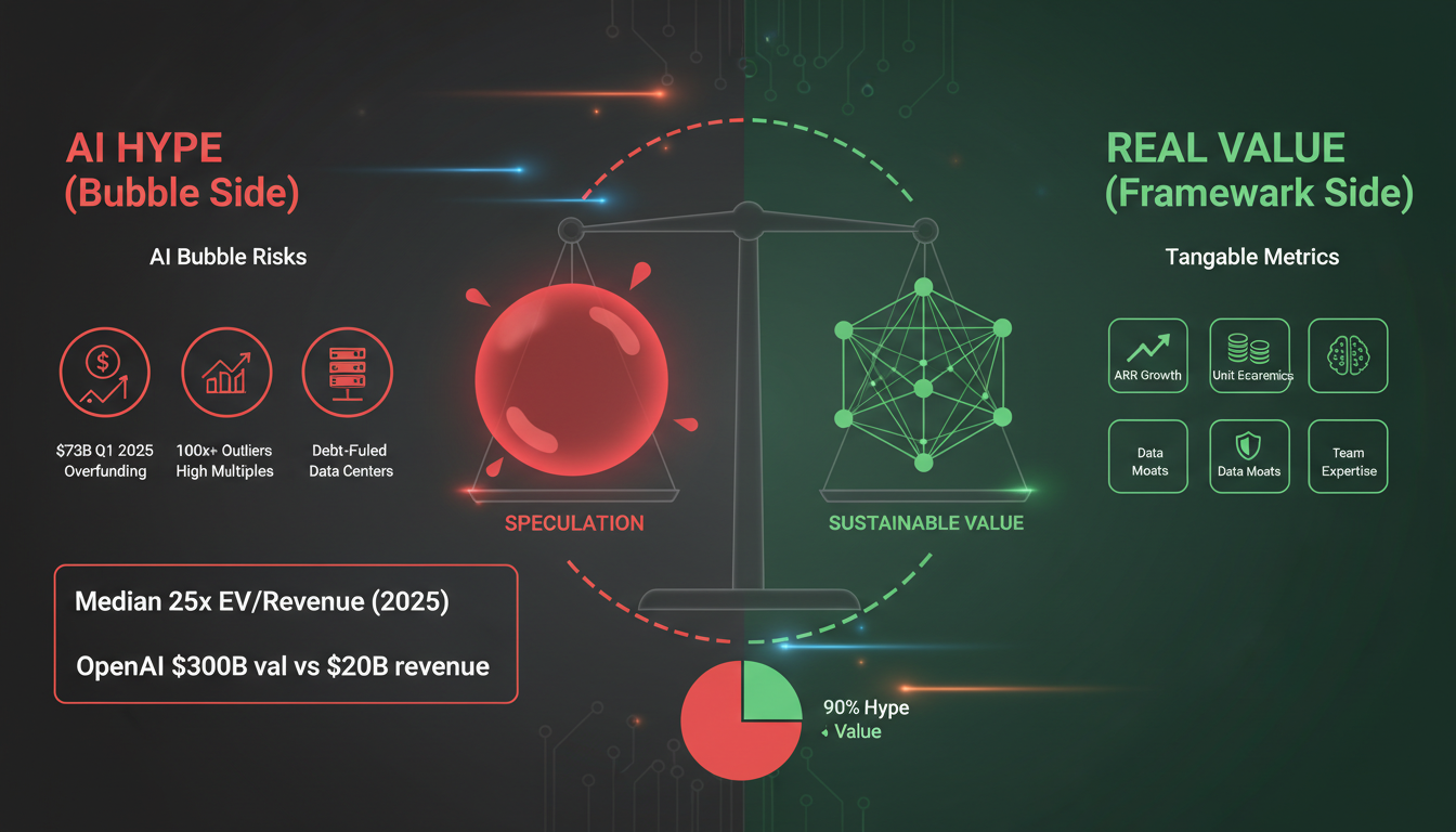 Infographic contrasting AI bubble risks like overfunding and high multiples against tangible valuation metrics such as ARR growth and data moats for realistic AI startup assessment