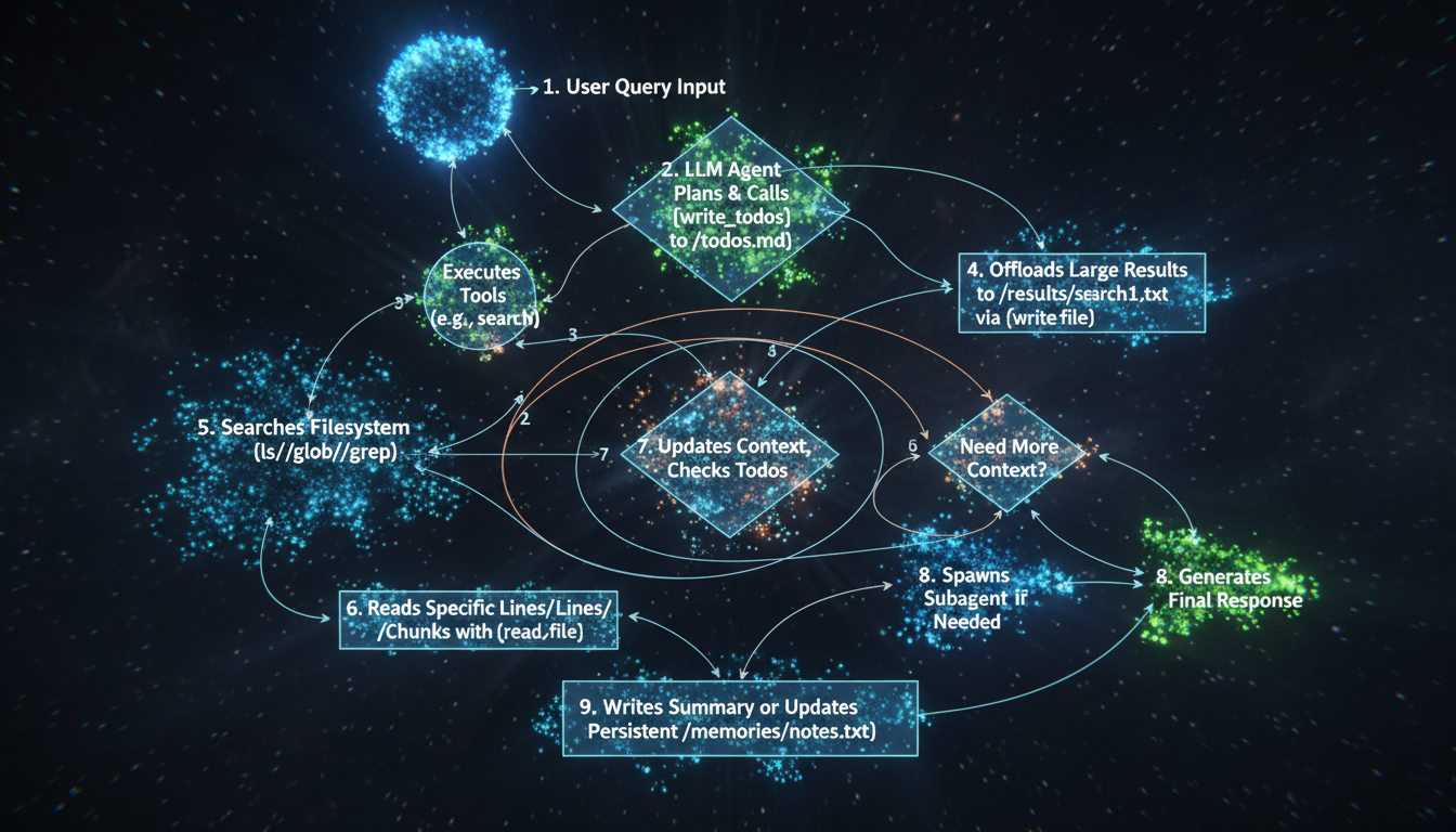 Flowchart of Deep Agent workflow: query to plan, tool calls, filesystem offload, search/read, respond with loops for iteration