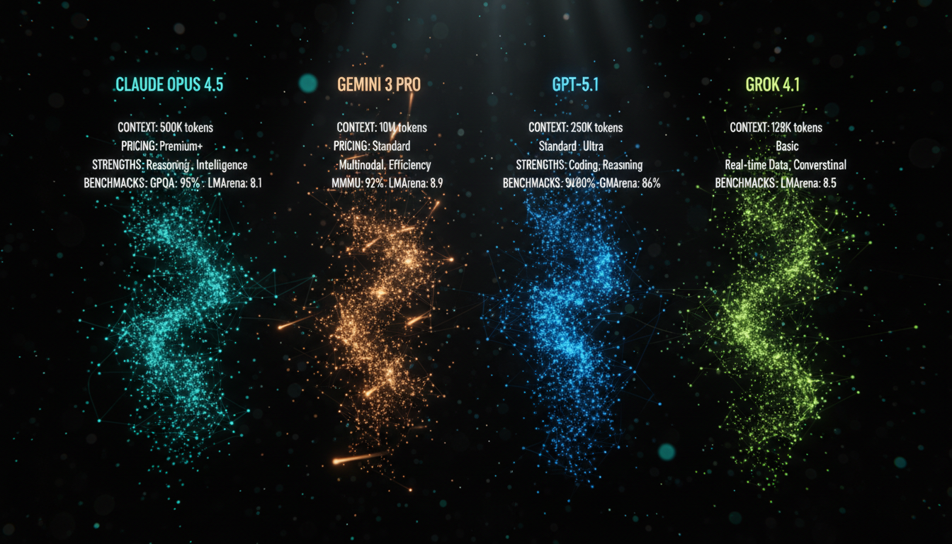 Comparison diagram of Opus 4.5, Gemini 3 Pro, GPT-5.1, and Grok 4.1 LLMs from late 2025, showing their context windows, pricing, and key strengths.