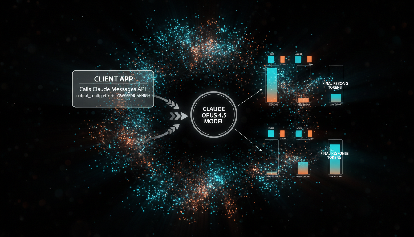 Architecture diagram showing the effort parameter influencing token usage for reasoning, tool calls, and responses in the Claude Opus 4.5 API.