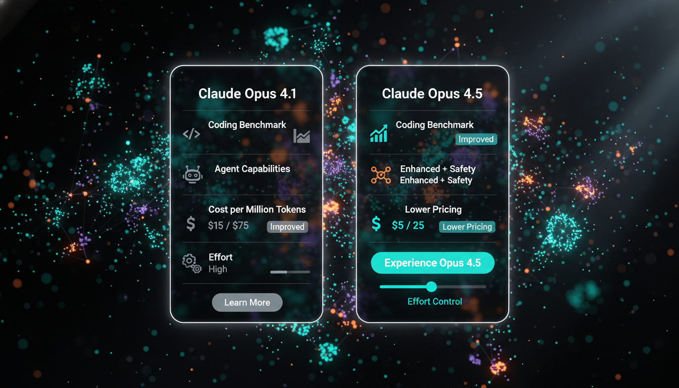 Diagram comparing Claude Opus 4.5 vs Opus 4.1 for developers, showing improvements in pricing, coding benchmarks, effort parameter, and agentic capabilities
