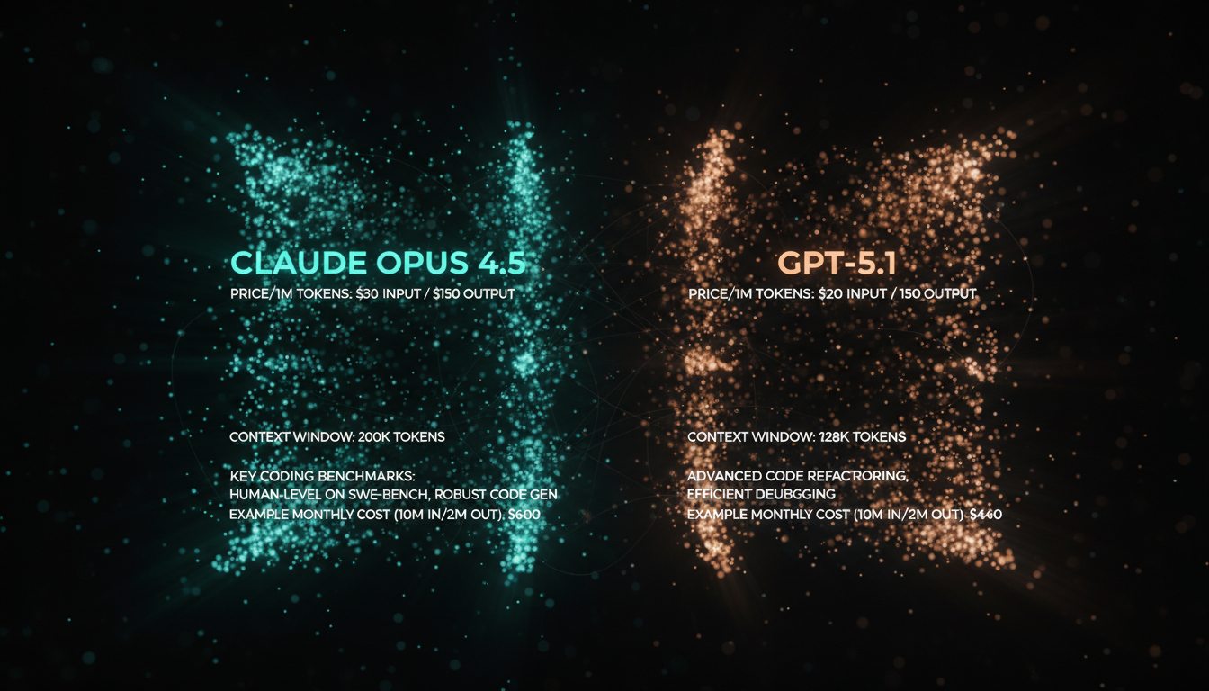 Comparison diagram of Claude Opus 4.5 vs GPT-5.1 for coding ROI, showing pricing, context window, and example monthly costs.