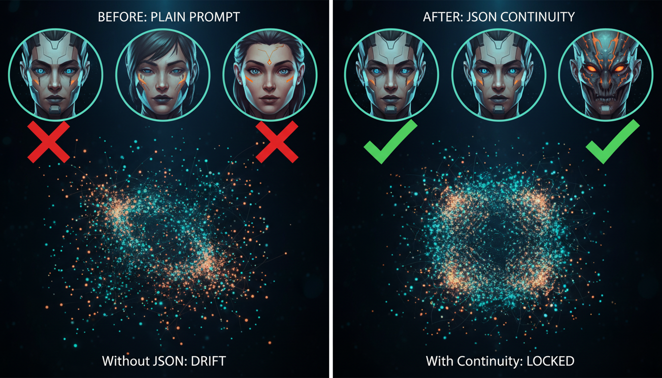 Before/after comparison of Veo character consistency: left shows morphing face without JSON continuity, right shows locked identical character across frames using reference images and continuity object for AI video brand consistency
