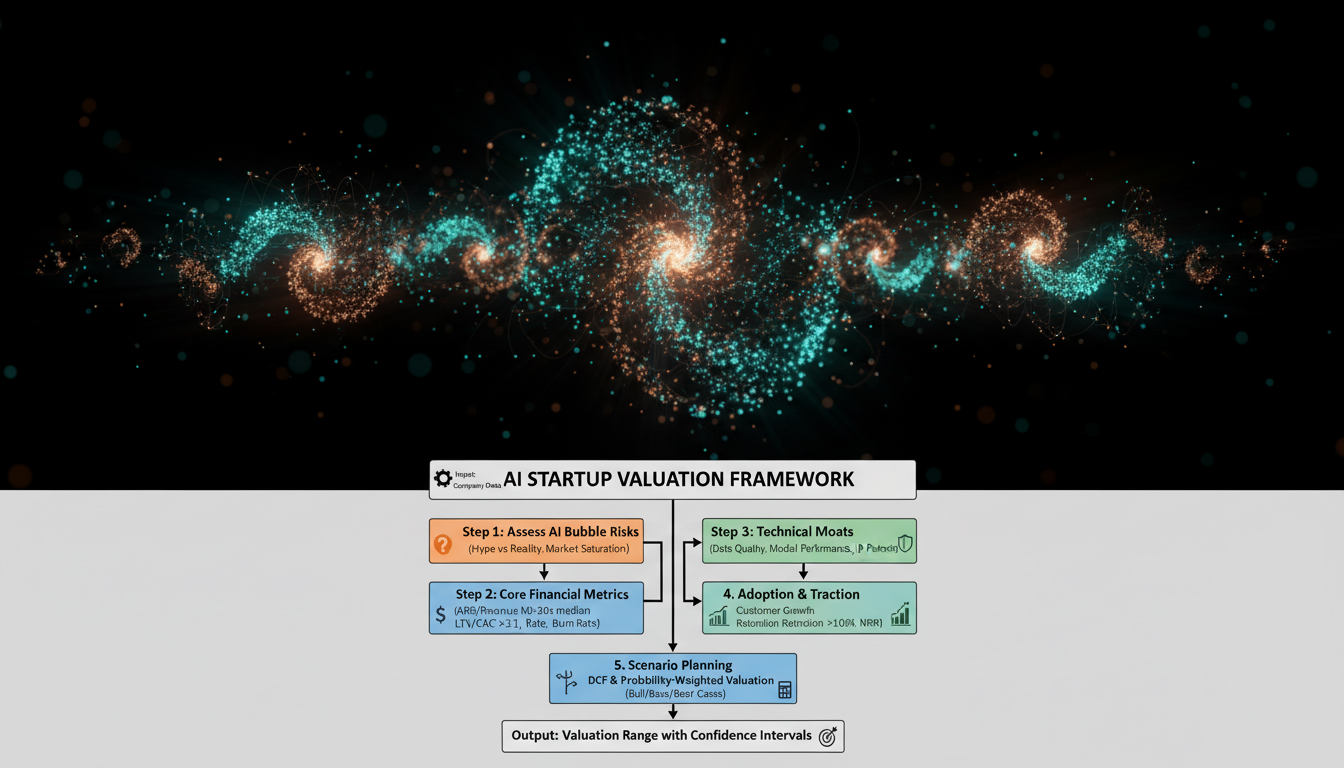 Flowchart of realistic AI startup valuation framework from data inputs through risks, metrics, moats to probability-weighted output