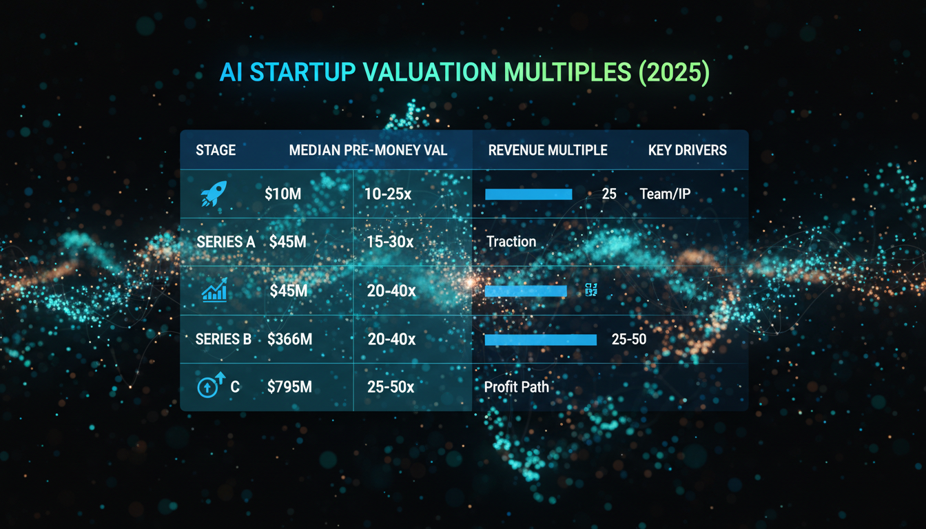 Infographic table of AI startup valuation multiples by funding stage, including medians and key drivers like team IP and traction for 2025 benchmarks