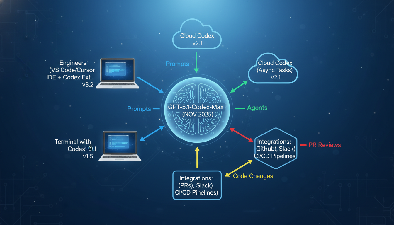 AI-native engineering team architecture diagram showing Codex CLI/IDE/cloud integrations with GitHub, Slack, CI/CD, powered by GPT-5.1-Codex-Max (Nov 2025)