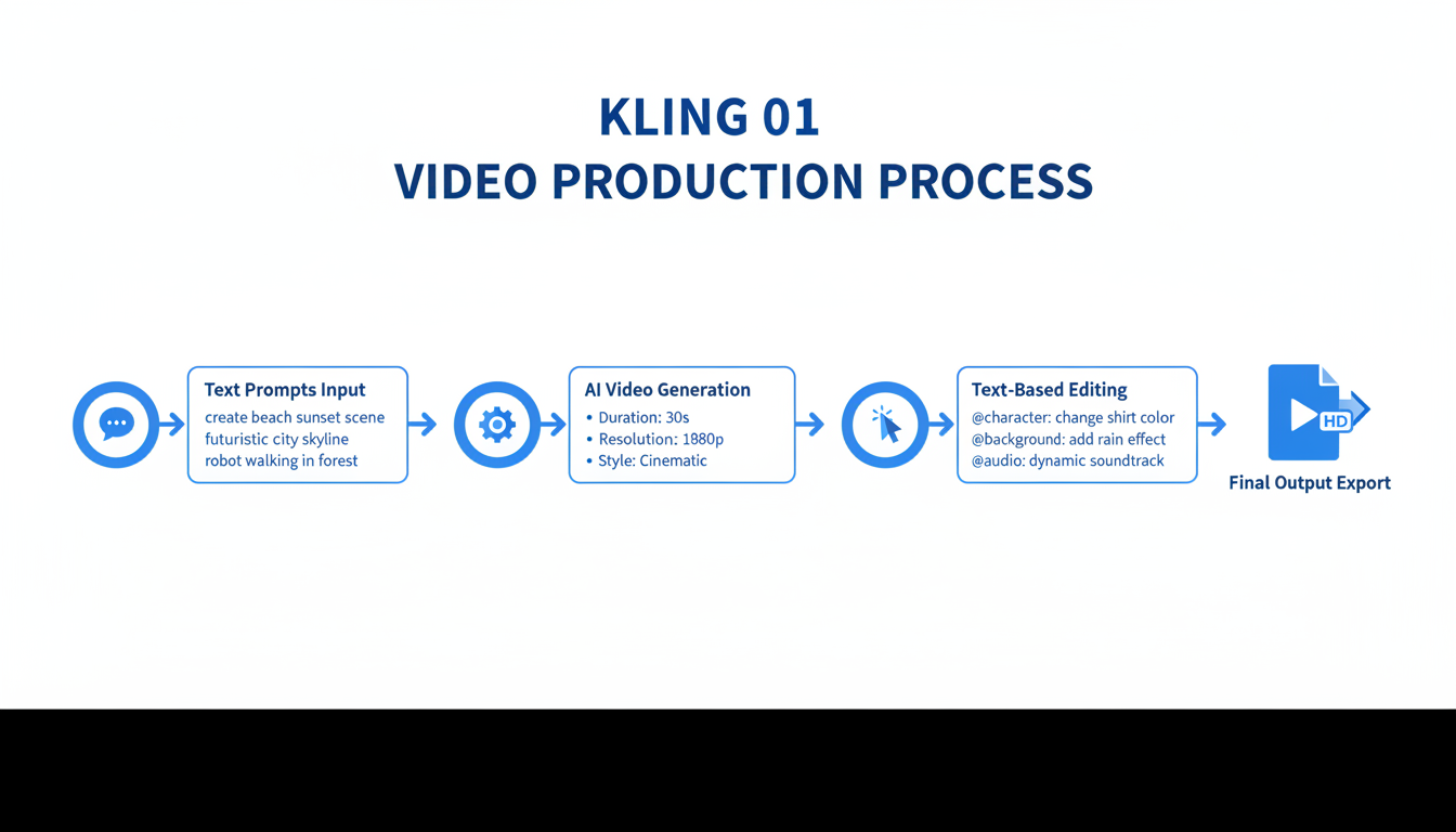 Kling O1 workflow diagram showing text-to-video generation with integrated editing tools and audio synthesis