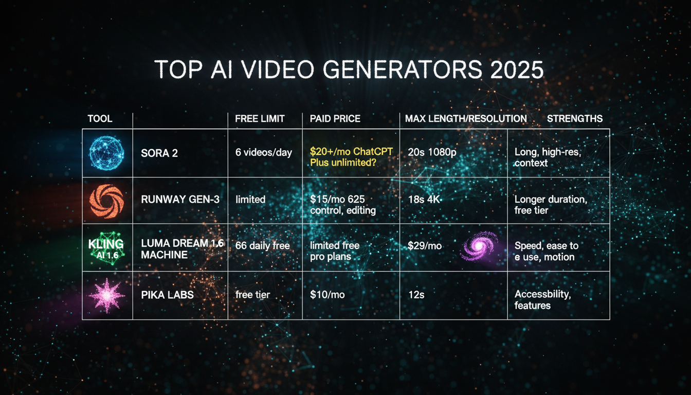 Infographic comparing Sora free limits and alternatives like Runway, Kling, Luma, Pika in 2025: limits, pricing, specs for generative AI video tools