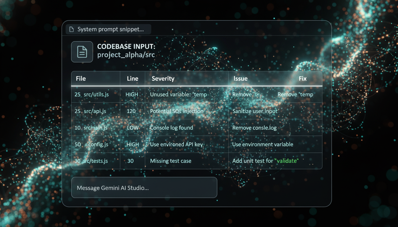 Example Gemini AI Studio interface showing system prompt for code review, codebase input, and paginated table output with file paths, severities, issues, and fixes