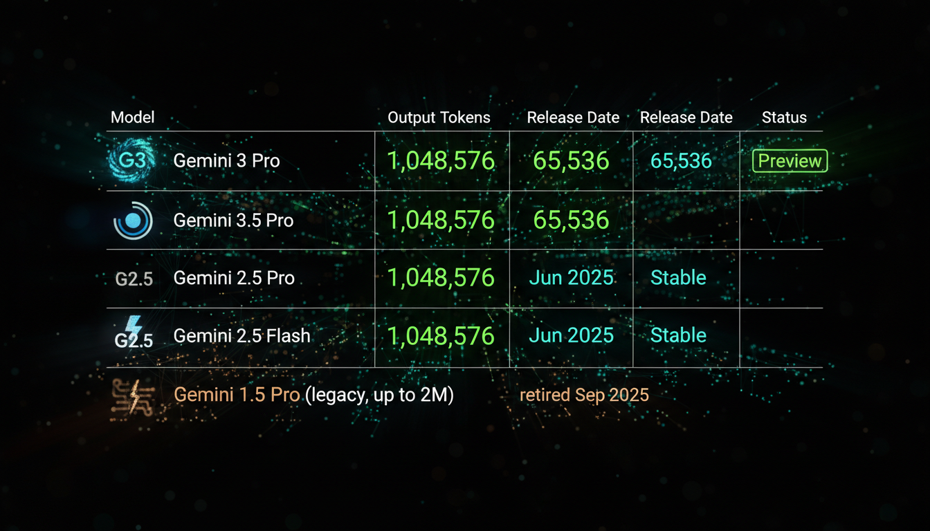 Infographic comparing context windows of Gemini 3 Pro, 2.5 Pro, 2.5 Flash, and legacy 1.5 Pro models, highlighting 1M+ token capacities ideal for large codebase analysis