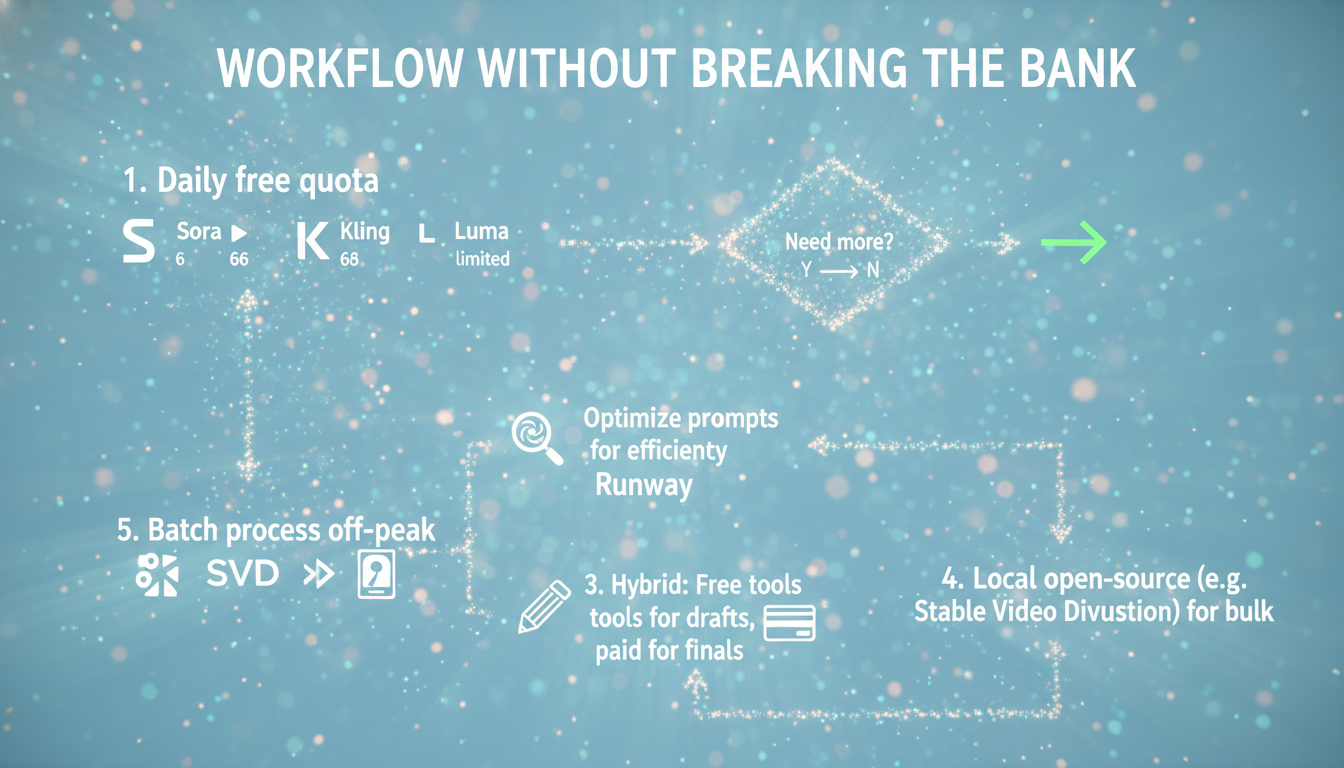 Flowchart of sustainable AI video workflow: free quotas to local open-source, optimizing around Sora free limits and GPU costs