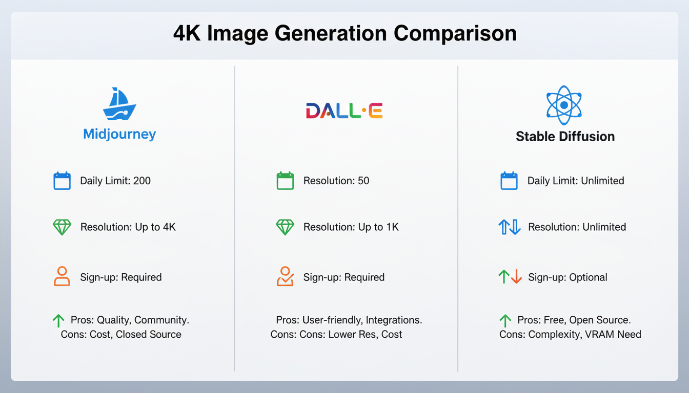 4K image generation platform comparison showing felo.ai, Higgsfield, and Google Gemini with visual indicators for resolution, quota, and features
