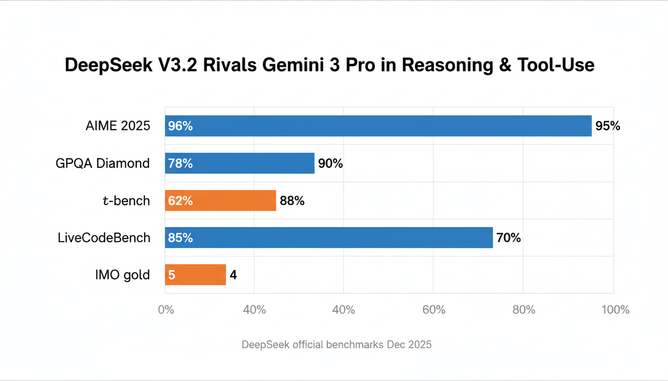 Bar chart infographic: DeepSeek V3.2 vs Gemini 3 Pro on AIME, GPQA, tool-use, coding benchmarks Dec 2025