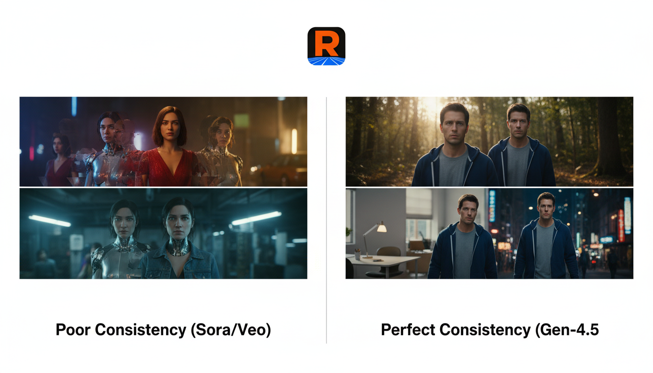 Split-image comparison: Left shows morphing characters in Sora/Veo; right perfect consistency in Gen-4.5 across scenes