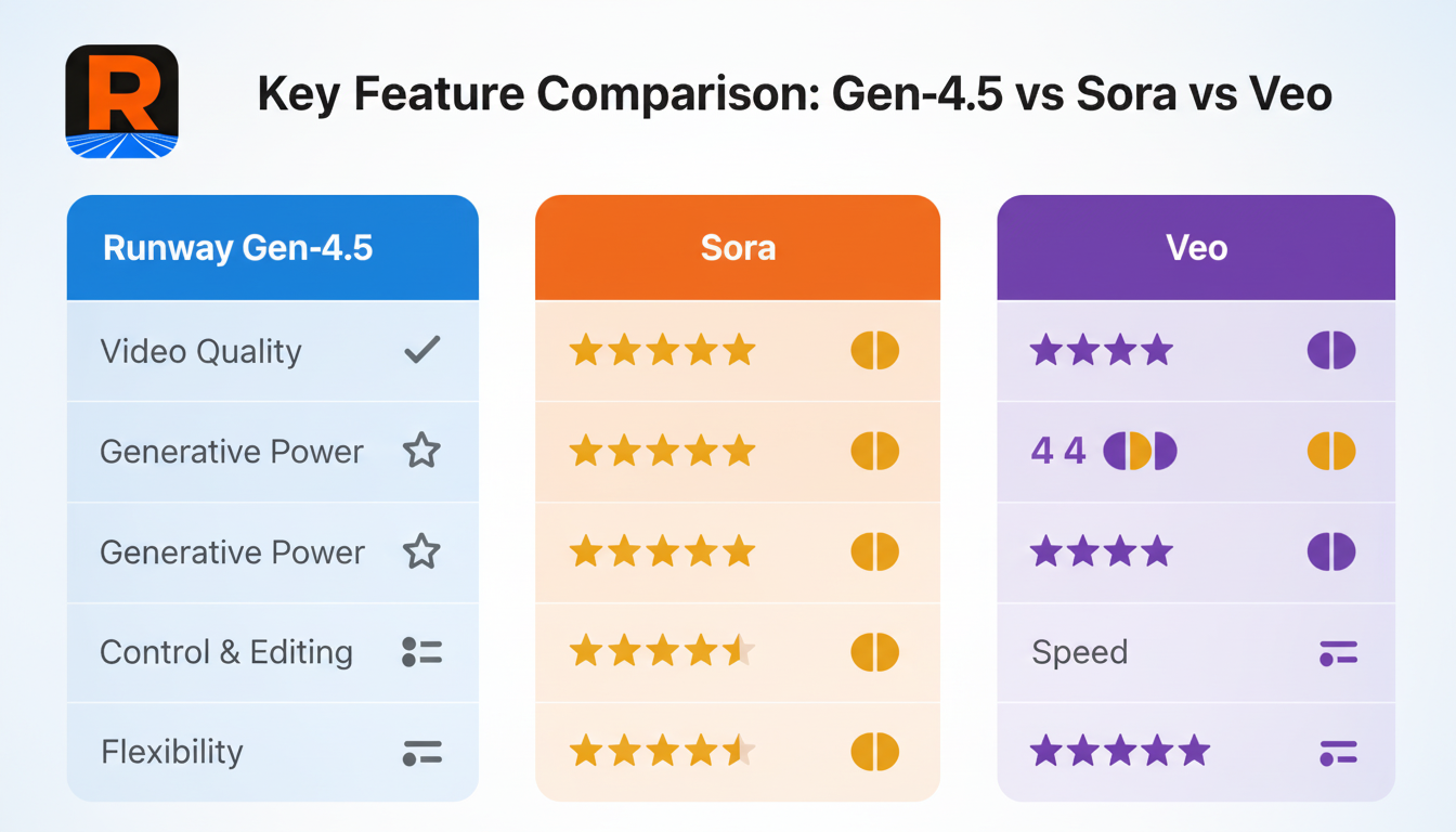 Infographic table comparing Gen-4.5, Sora 2, Veo 3.1 on camera, consistency, physics, adherence, style with ratings and icons
