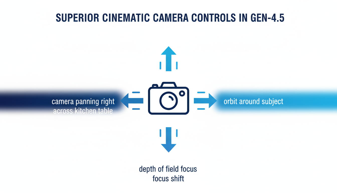 Diagram of Gen-4.5 camera controls: pan, truck, orbit, zoom with prompt examples and motion arrows
