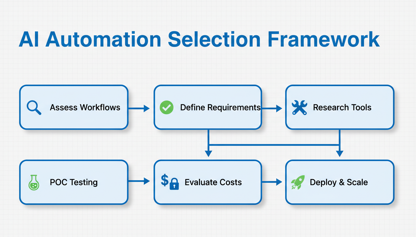 Flowchart showing the step-by-step process to select an AI automation tool: assess needs, define requirements, research tools, POC, evaluate ROI/security, deploy and scale