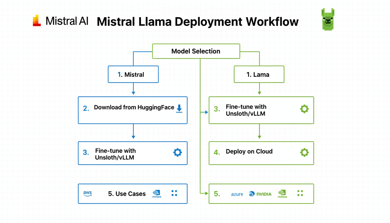 Developer workflow flowchart for deploying Mistral 3 vs Llama 3: download, fine-tune, deploy paths with hardware/use case branches
