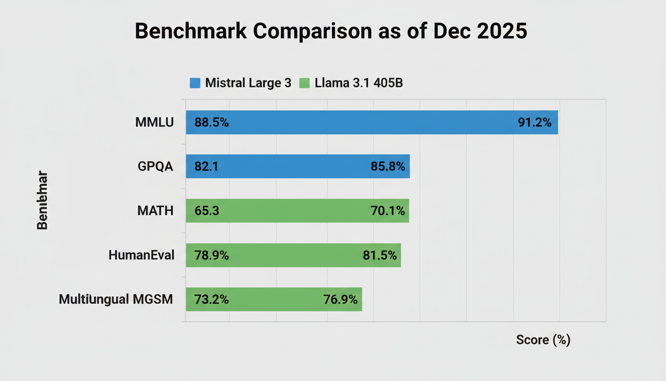 Benchmark comparison infographic of Mistral Large 3 vs Llama 3.1 405B on MMLU, GPQA, MATH, HumanEval, and multilingual tasks as of December 2025