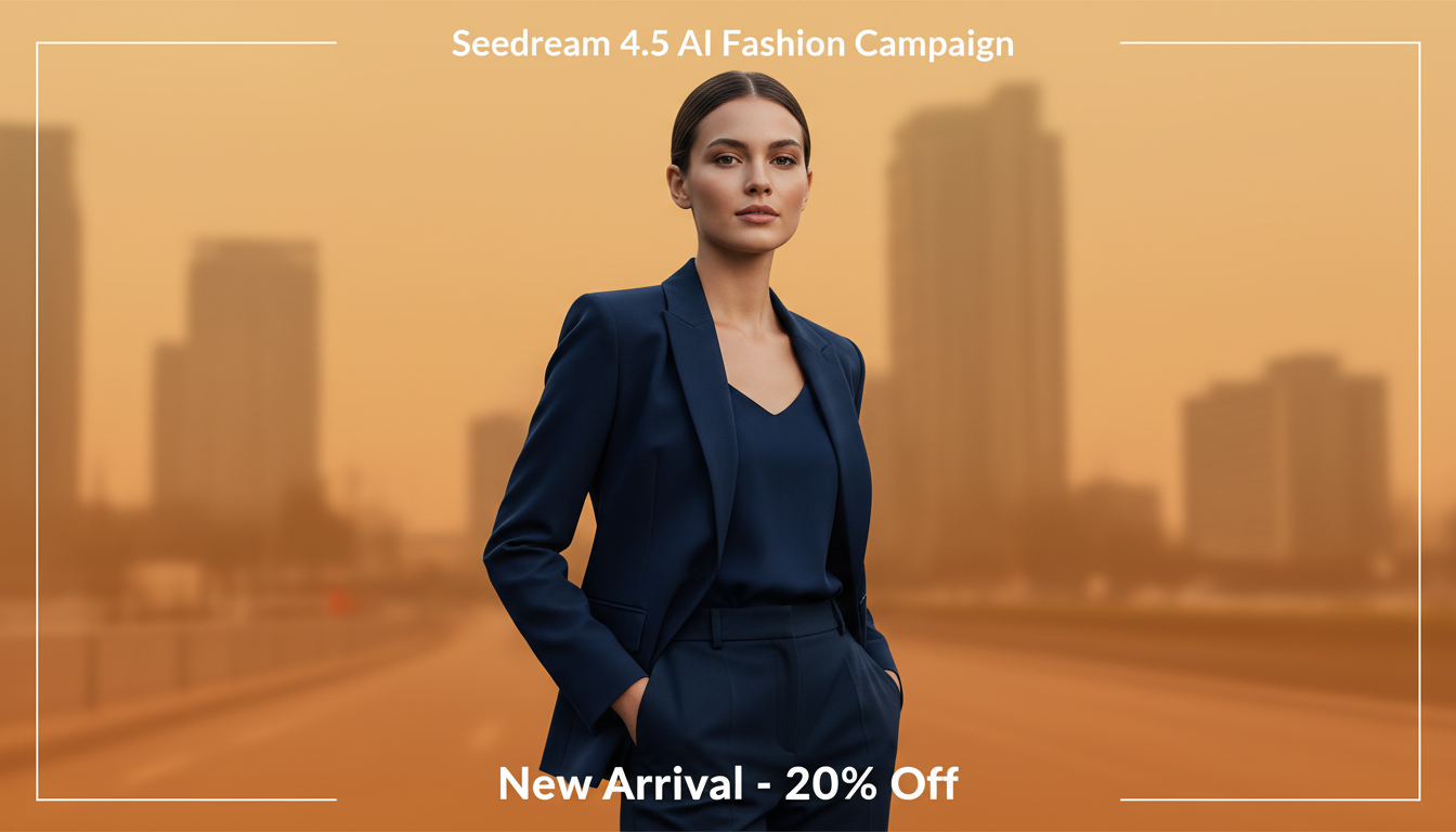 Seedream 4.5 lifestyle ad: Model in urban setting with clear facial details and promotional text, demonstrating consistency for e-commerce campaigns.