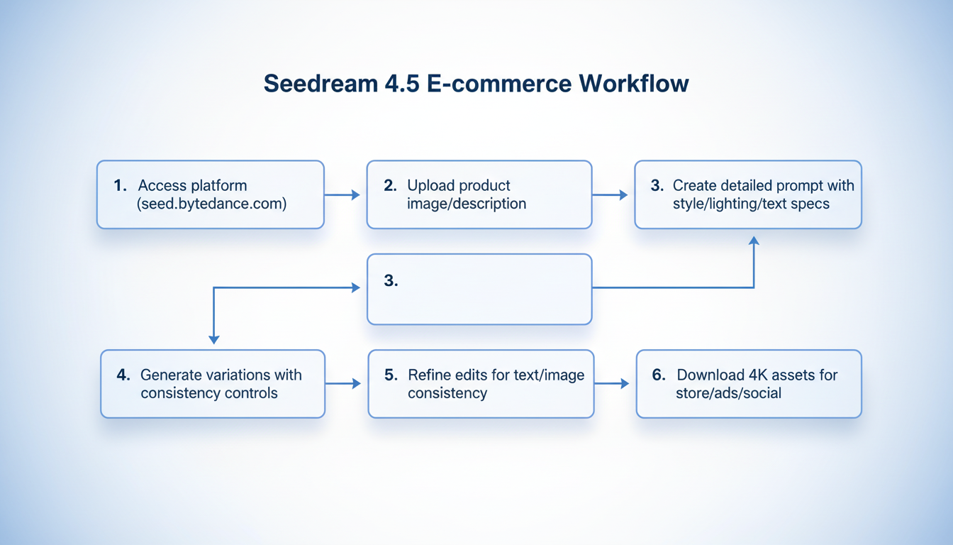 Seedream 4.5 e-commerce workflow flowchart: From accessing the platform to downloading high-res images for marketing, with steps for prompting, generating, and editing.