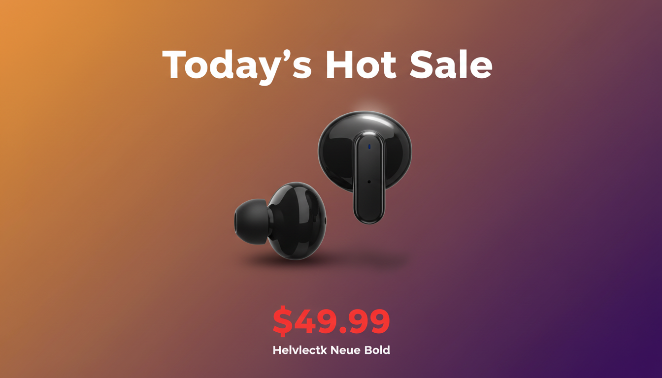 Example Seedream 4.5-generated product mockup: Wireless earbuds on gradient background with sale text and price, showcasing text clarity and professional styling for e-commerce.