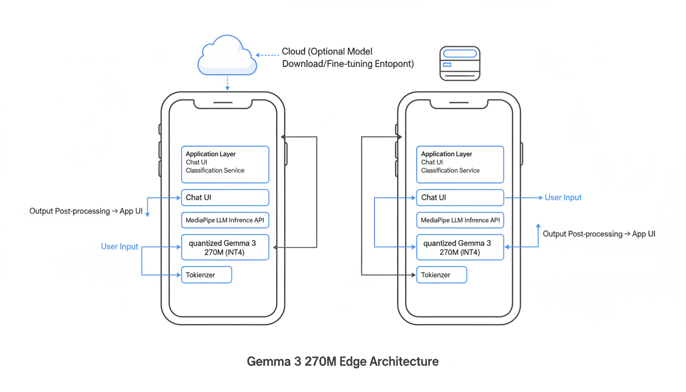 Architecture diagram of Google Gemma 3 270M deployed on-device for Edge AI, showing user input flowing through tokenizer, quantized Gemma 3 270M model, post-processing and app UI on both mobile and embedded devices, with cloud used only for optional model download and fine-tuning
