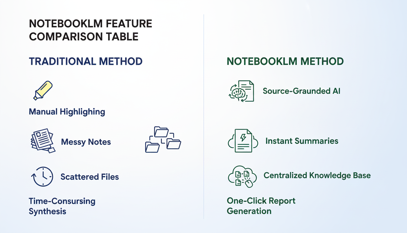 Infographic comparing traditional research methods vs. the NotebookLM method for competitive analysis