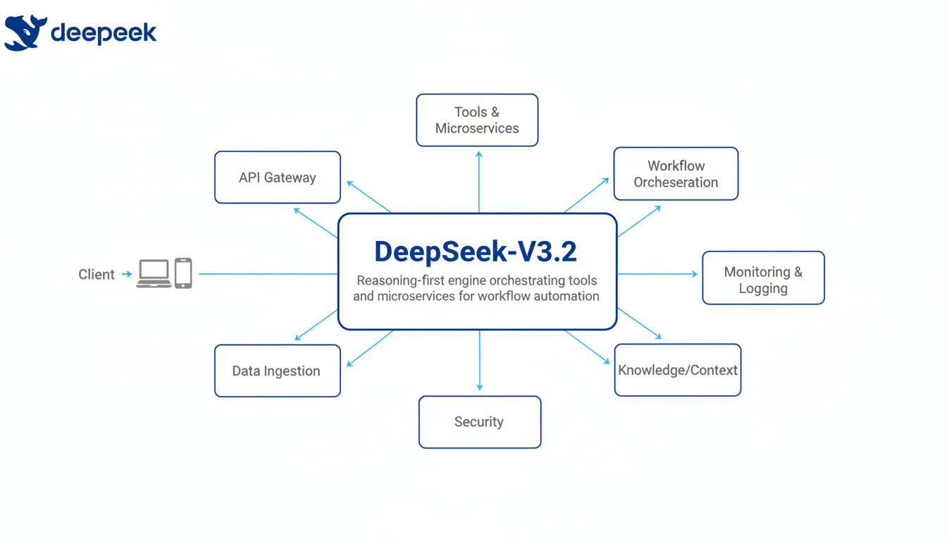 System architecture diagram for a SaaS platform using DeepSeek-V3.2 as a central reasoning engine to orchestrate various microservices and tools for workflow automation