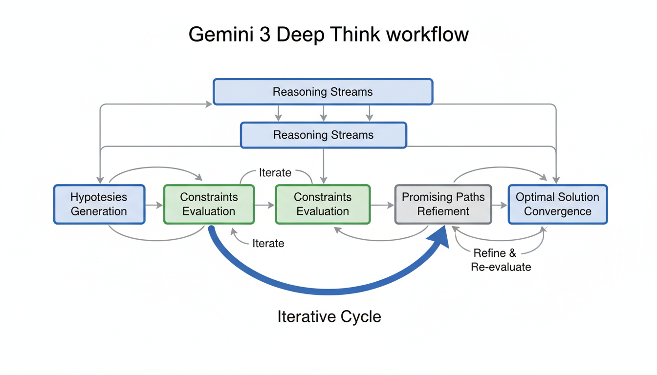 Gemini 3 Deep Think iterative reasoning workflow showing parallel hypothesis exploration and refinement cycles