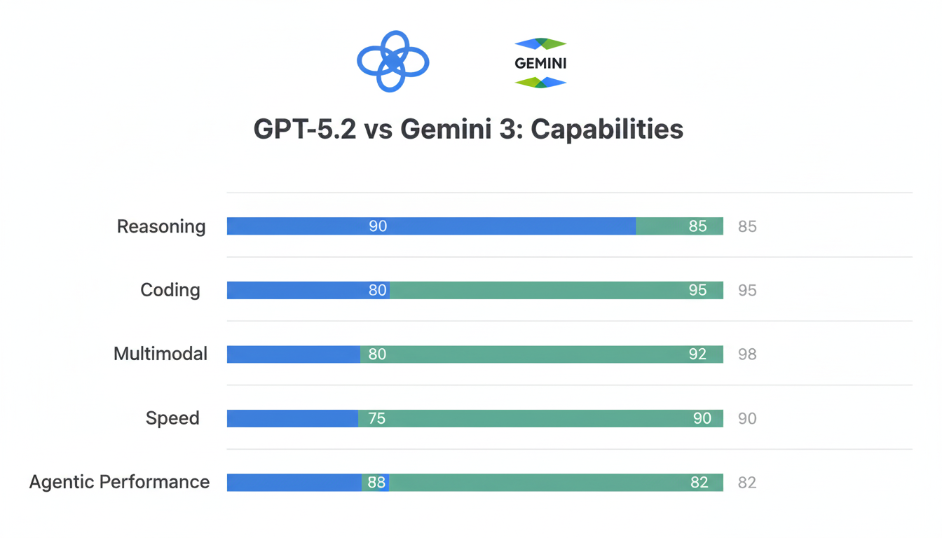 GPT-5.2 vs Gemini 3 comparison infographic showing benchmark performance across reasoning, coding, multimodal, speed, and agentic capabilities