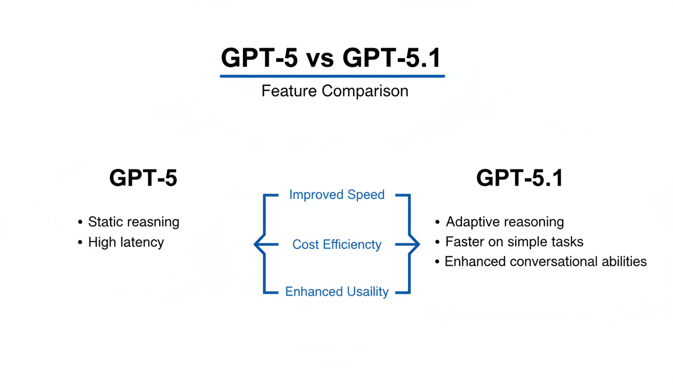 Visual comparison showing GPT-5 vs GPT-5.1 features including adaptive reasoning, conversational tone, latency performance, and enterprise capabilities
